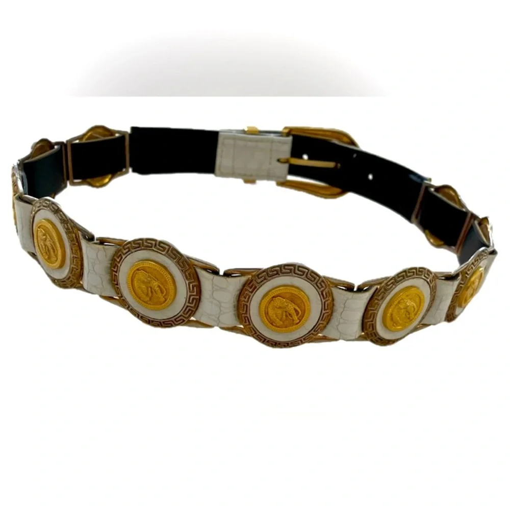 White Leather And Gold Belt With Leopard Medallions